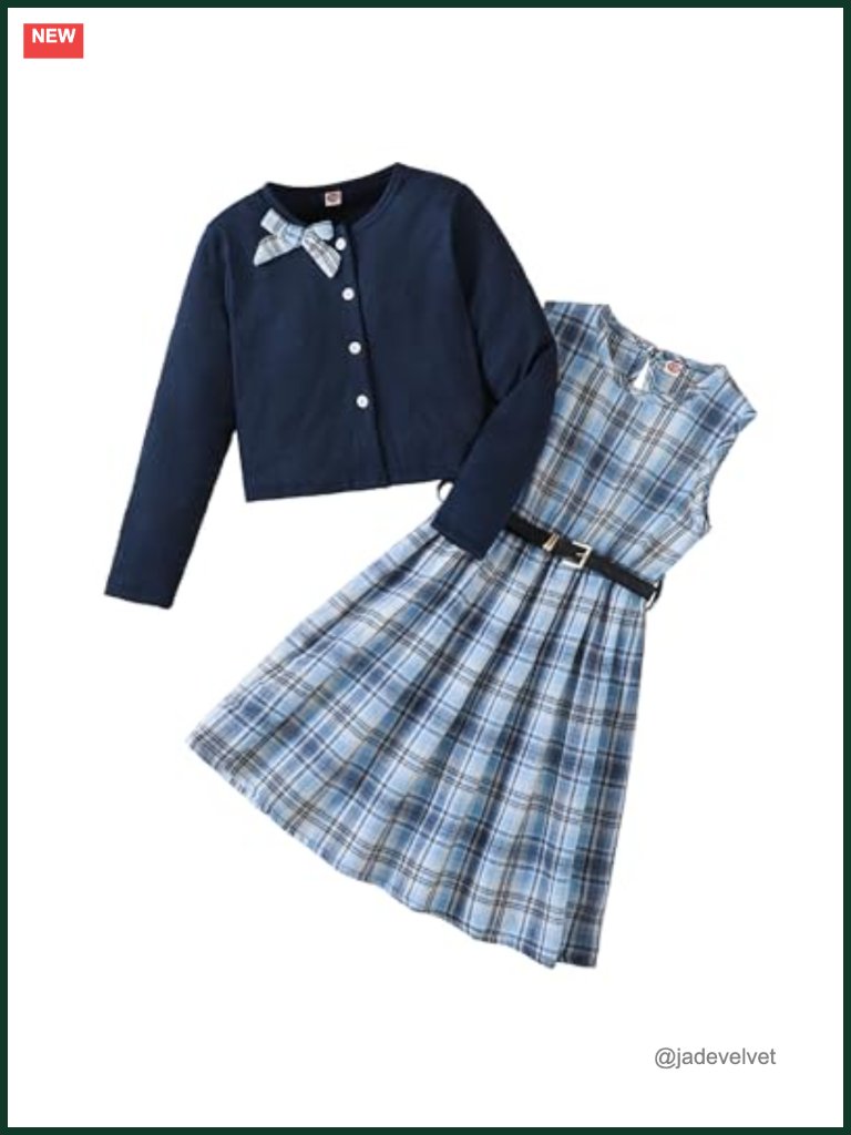 Girls Preppy Plaid Dress, Cardigan & Bow Set - 3-Piece